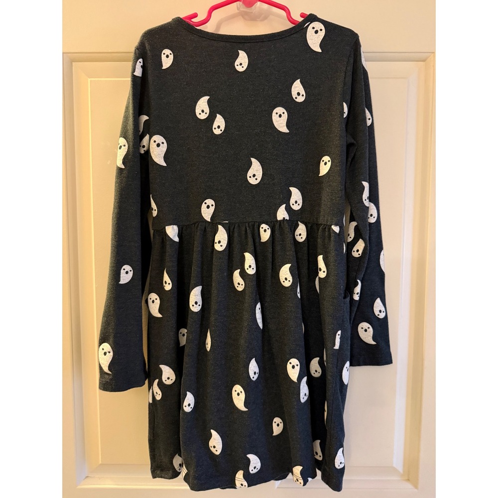 Cat & Jack Girls Ghost Print Long Sleeve Dress Charcoal Grey Halloween M 7/8